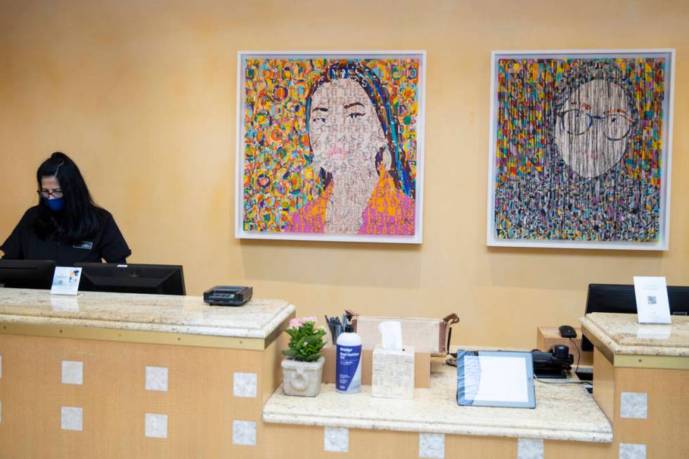 Ghada Amer’s “The Women I Know Part II” is seen at the Bellagio hotel-casi ...