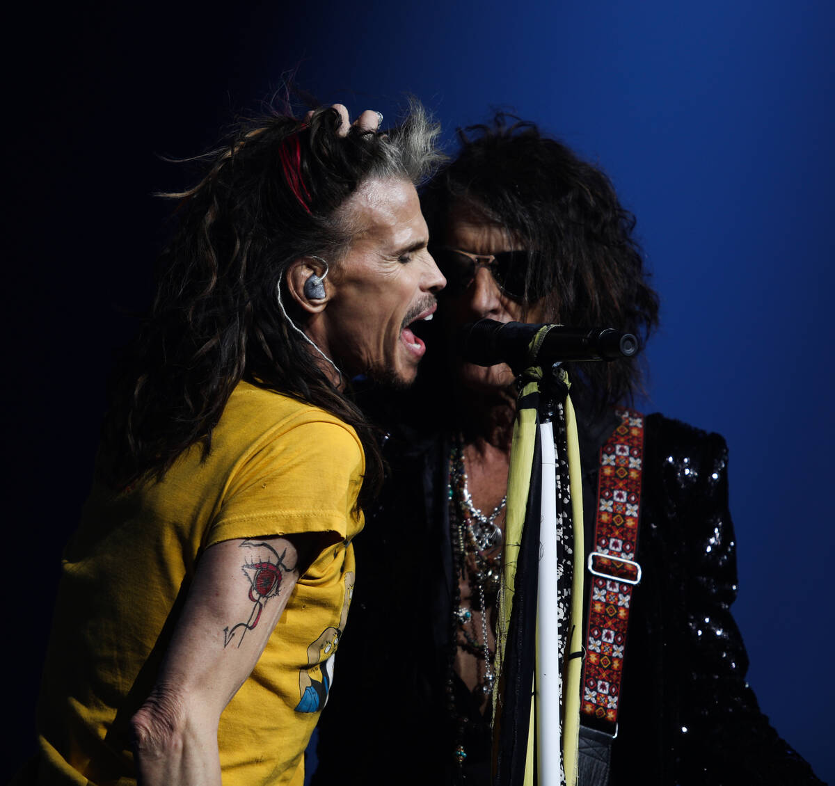 Joe Perry and Steven Tyler of Aerosmith are shown on opening night of the band's "Deuces Are Wi ...