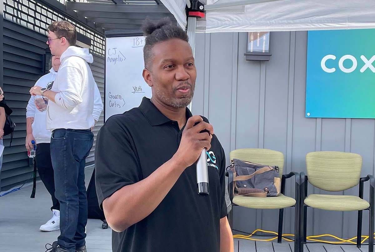 Edward Wells Thompson speaks during the NBA 2K22 tournament on Saturday. (Lukas Eggen / Las Veg ...