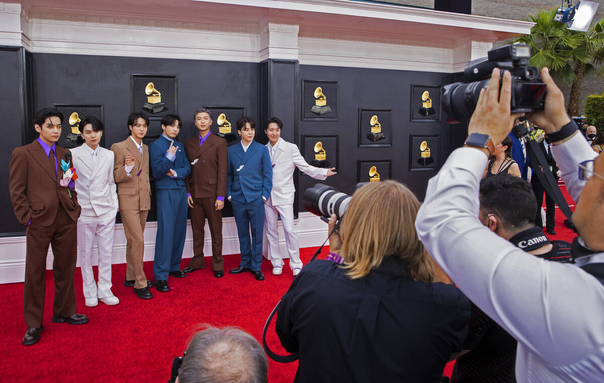 BTS on the red carpet before the start of the 2022 Grammy Awards on Sunday, April 3, 2022, at t ...