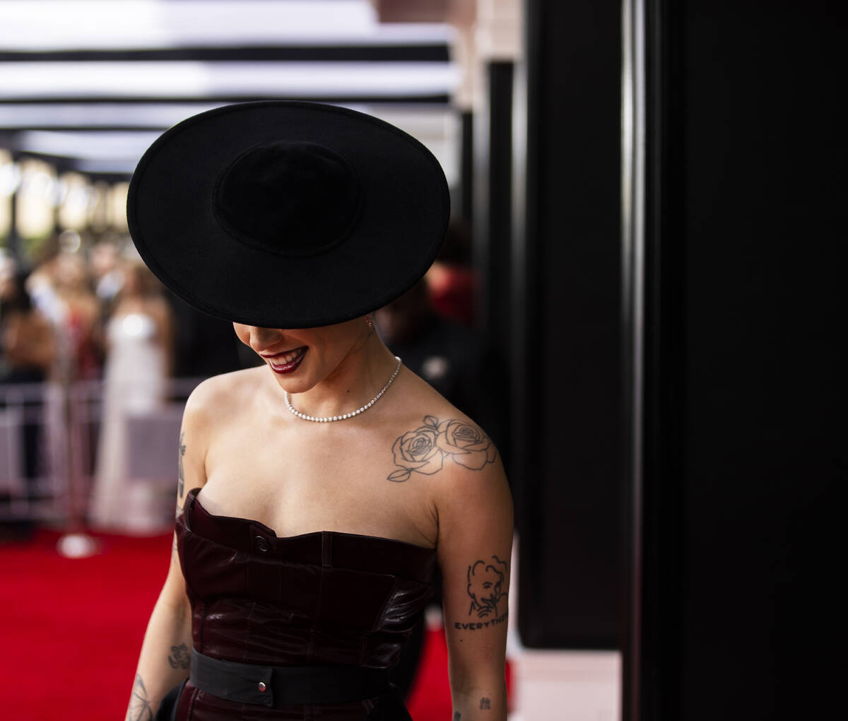 Halsey on the red carpet before the start of the 2022 Grammy Awards on Sunday, April 3, 2022, a ...