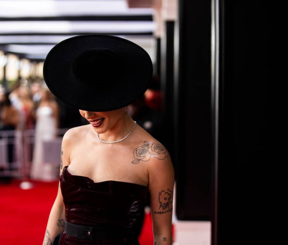Halsey on the red carpet before the start of the 2022 Grammy Awards on Sunday, April 3, 2022, a ...