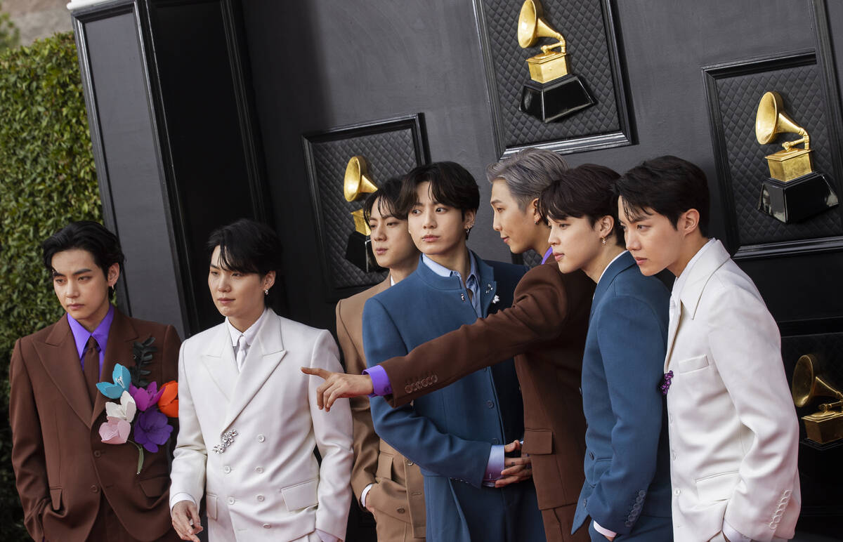 BTS on the red carpet before the start of the 2022 Grammy Awards on Sunday, April 3, 2022, at t ...