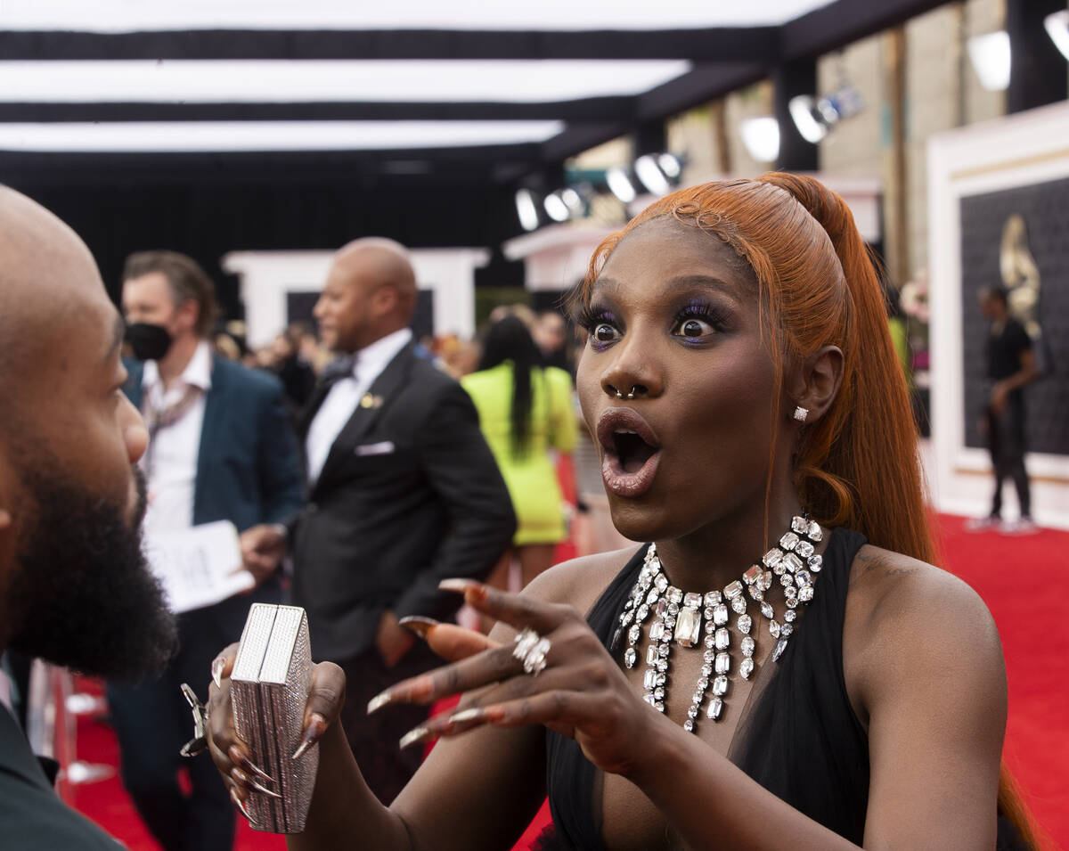 Doechii on the red carpet before the start of the 2022 Grammy Awards on Sunday, April 3, 2022, ...