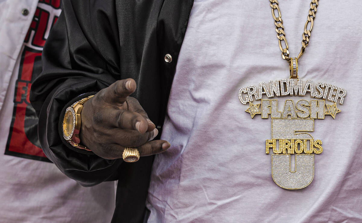 Grand Master Flash, right, on the red carpet before the start of the 2022 Grammy Awards on Sund ...