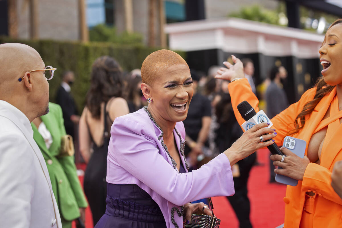 Jean Baylor, middle, of the Baylor Project on the red carpet before the start of the 2022 Gramm ...