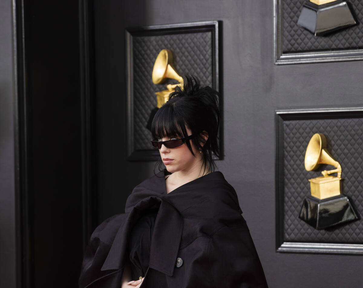Billie Eilish on the red carpet before the start of the 2022 Grammy Awards on Sunday, April 3, ...