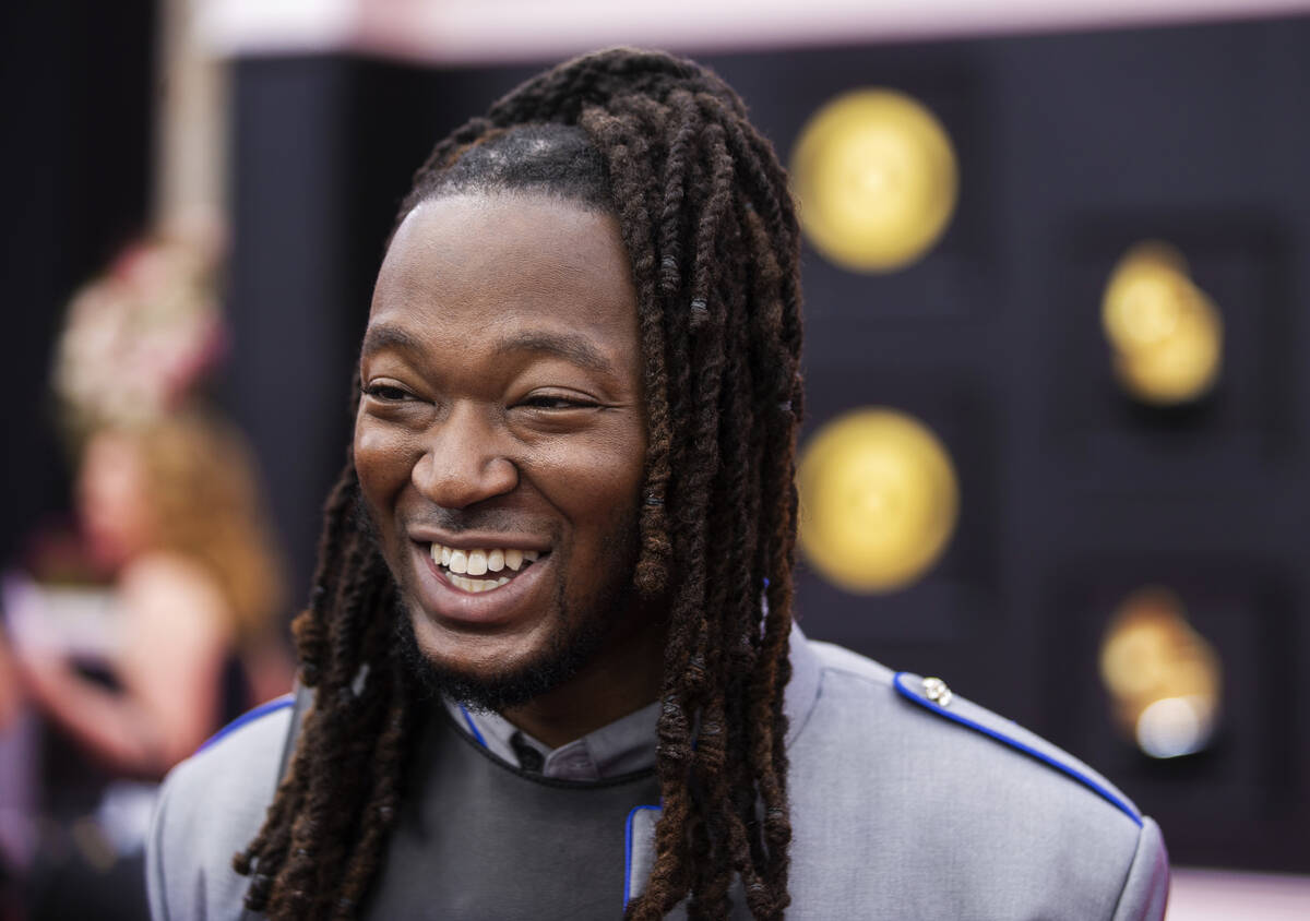 Kizzo on the red carpet before the start of the 2022 Grammy Awards on Sunday, April 3, 2022, at ...