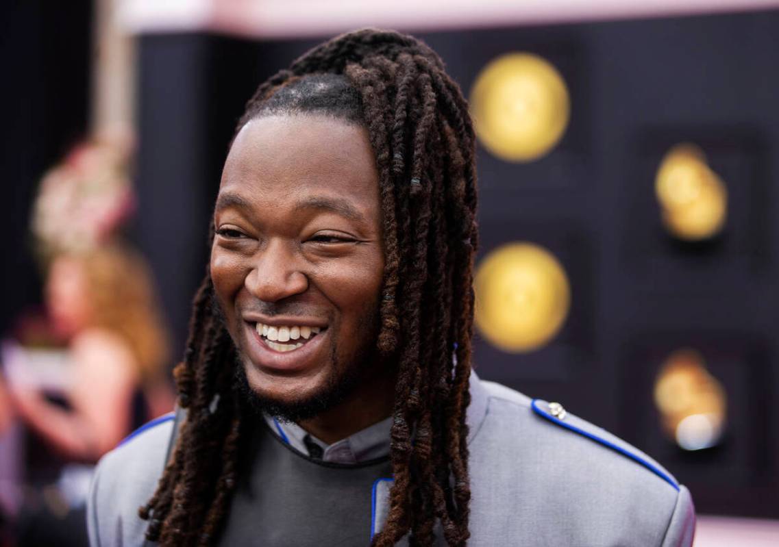 Kizzo on the red carpet before the start of the 2022 Grammy Awards on Sunday, April 3, 2022, at ...