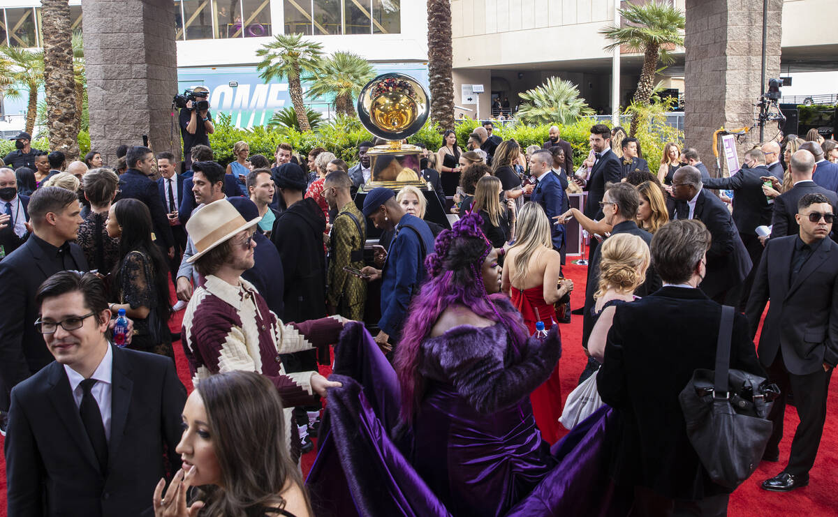 The red carpet is packed before the start of the 2022 Grammy Awards on Sunday, April 3, 2022, a ...