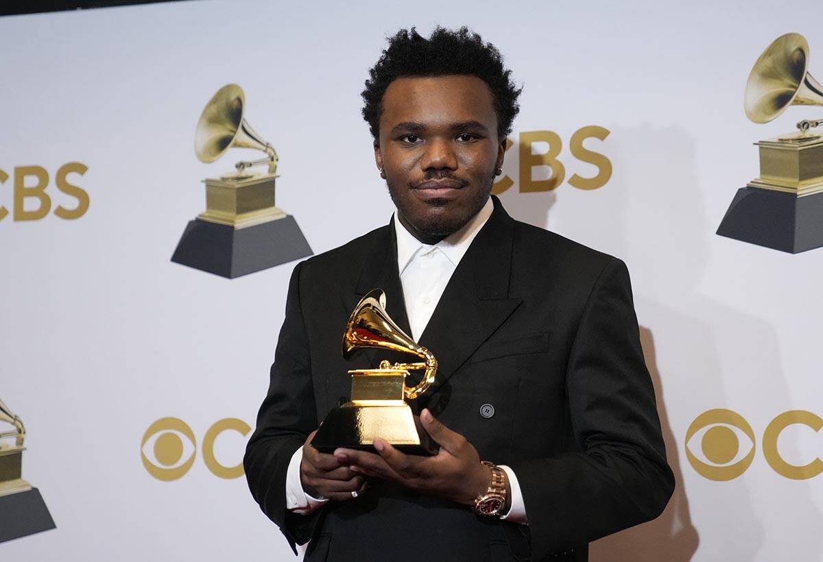 Baby Keem, winner of the award for best rap performance for "Family Ties," poses in t ...