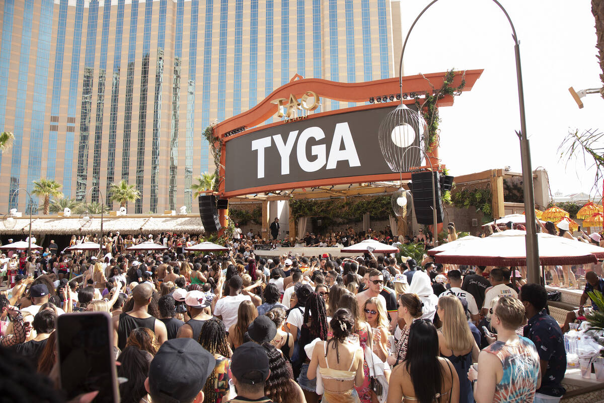 The scene during Tyga's set at Tao Beach Club on Sunday, April 3, 2022. (Shy McGrath/Getty Imag ...