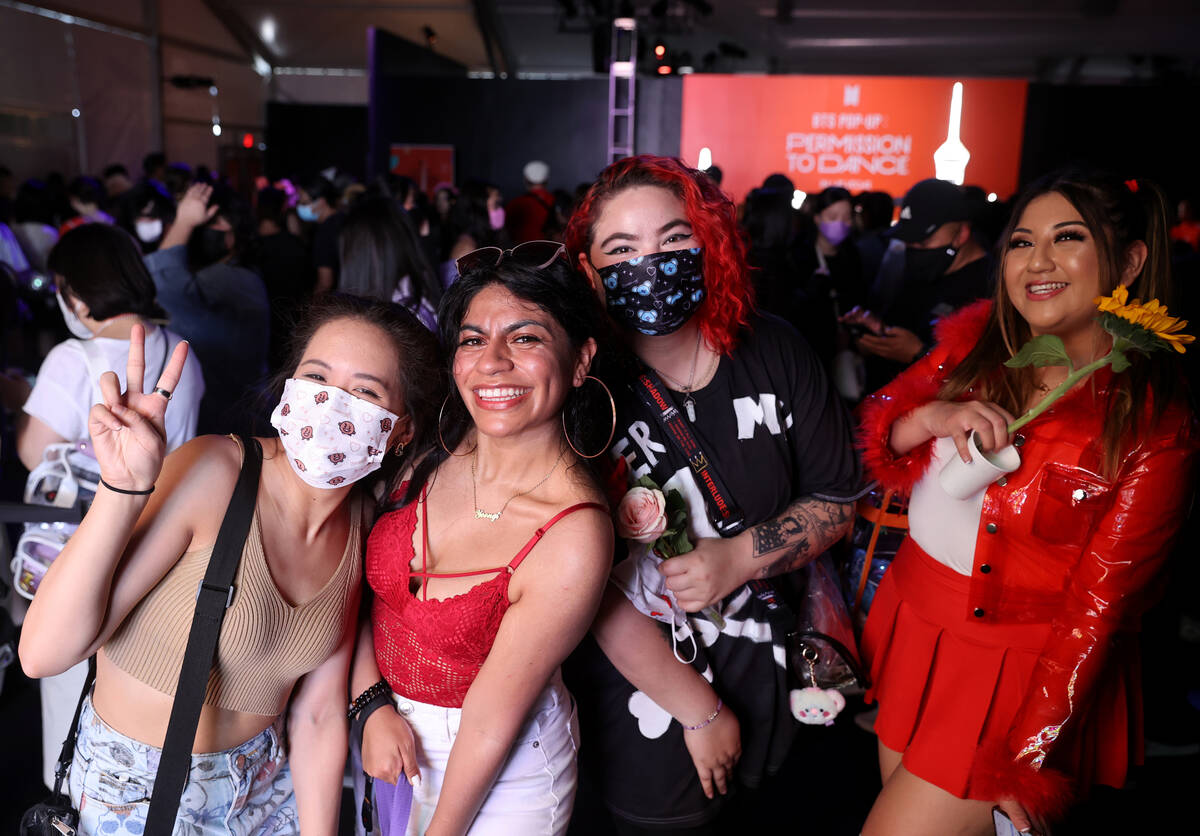 BTS fans, from left, Lisa Ho, 22, Eli Valle, 25, Jackie Armendariz, 25, and Katherine Ortiz, 27 ...