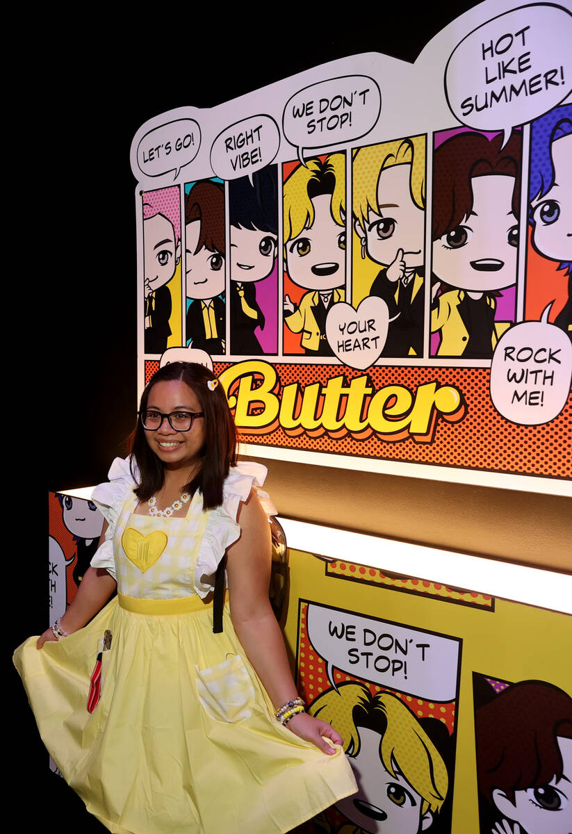 BTS fan Rochenelle Baquir, 28, of Fullerton, Calif., takes in a free BTS Pop-up at Area15 in La ...