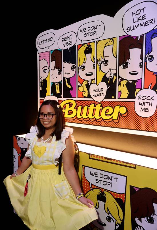 BTS fan Rochenelle Baquir, 28, of Fullerton, Calif., takes in a free BTS Pop-up at Area15 in La ...