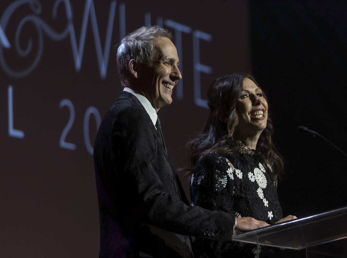 Dinner chairs Christopher and Dawn Hume address guests during Nevada Ballet Theatre’s 38 ...