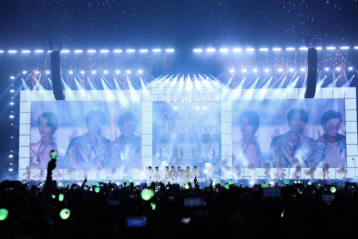 BTS performs at Allegiant Stadium in Las Vegas on Saturday, April 9, 2022. (Bighit Music)
