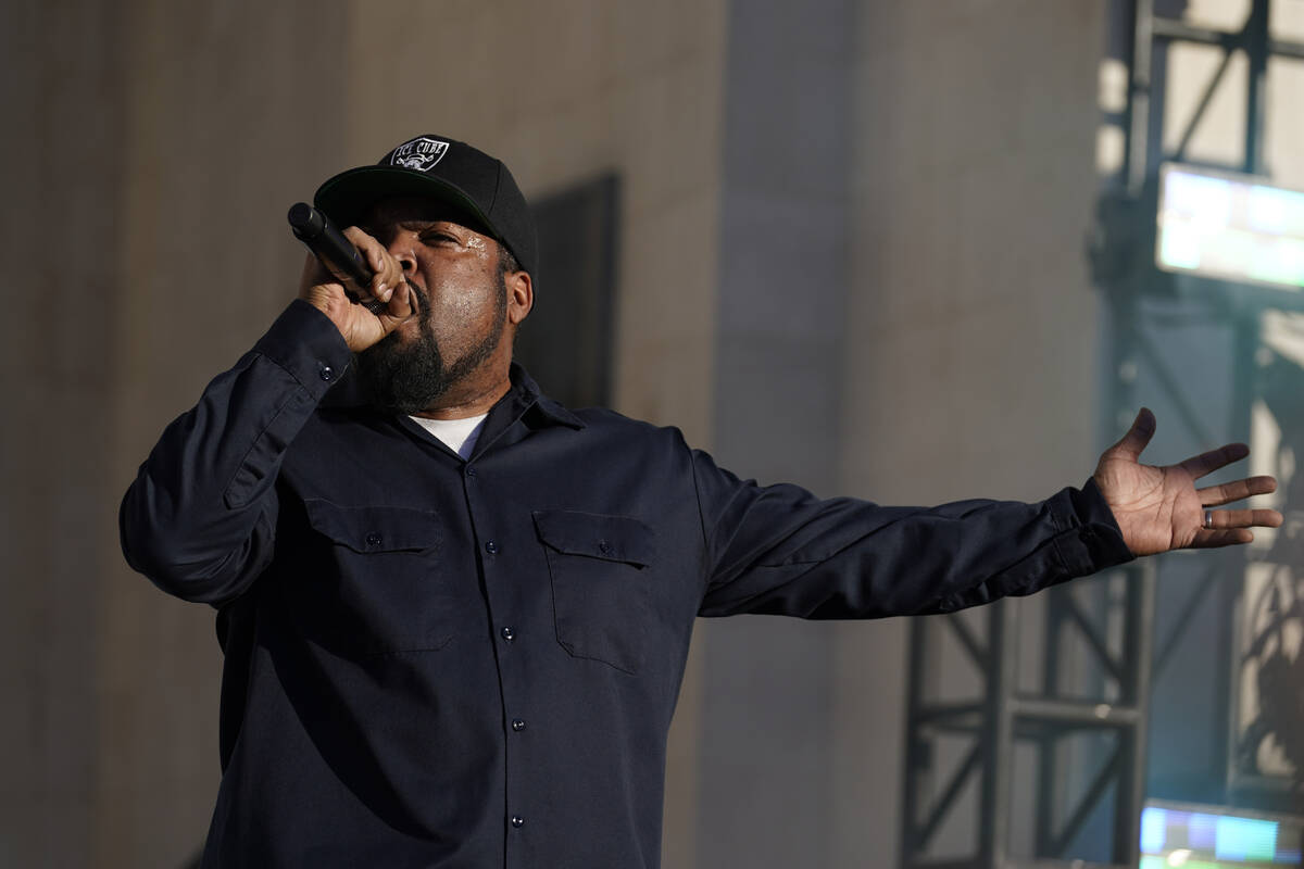 Rapper Ice Cube performs during a NASCAR exhibition auto race at Los Angeles Memorial Coliseum, ...