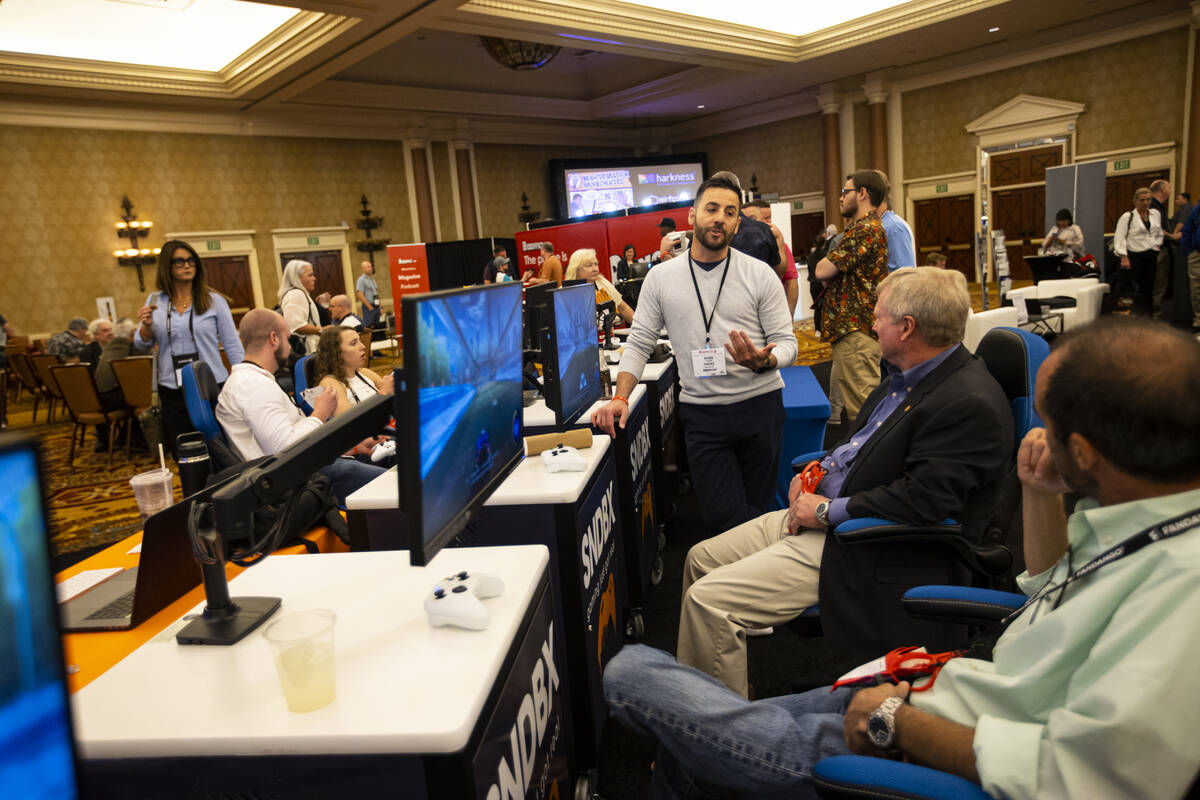 Robb Chiarini talks about SNDBX gaming at the CinemaCon trade show at Caesars Palace on Tuesday ...