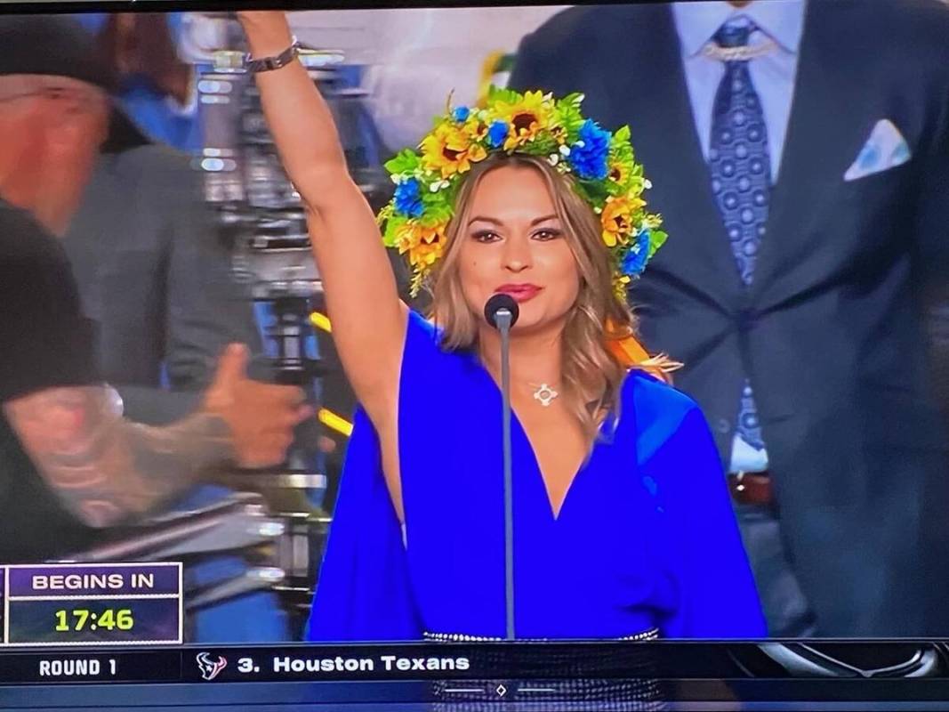 Ukrainian Jenny Arata of the popular act The Skating Aratas is shown during NFL draft coverage ...
