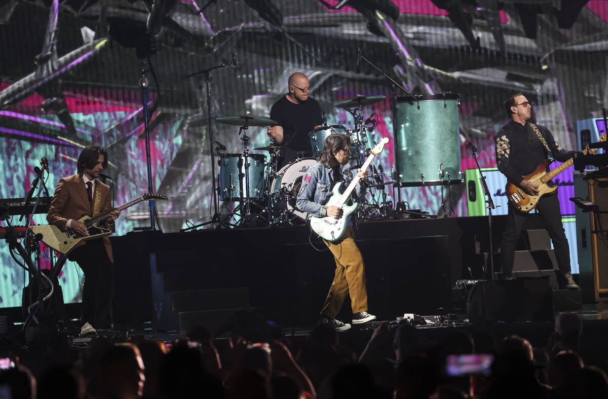 Weezer performs following the first round of the NFL draft on Thursday, April 28, 2022, in Las ...