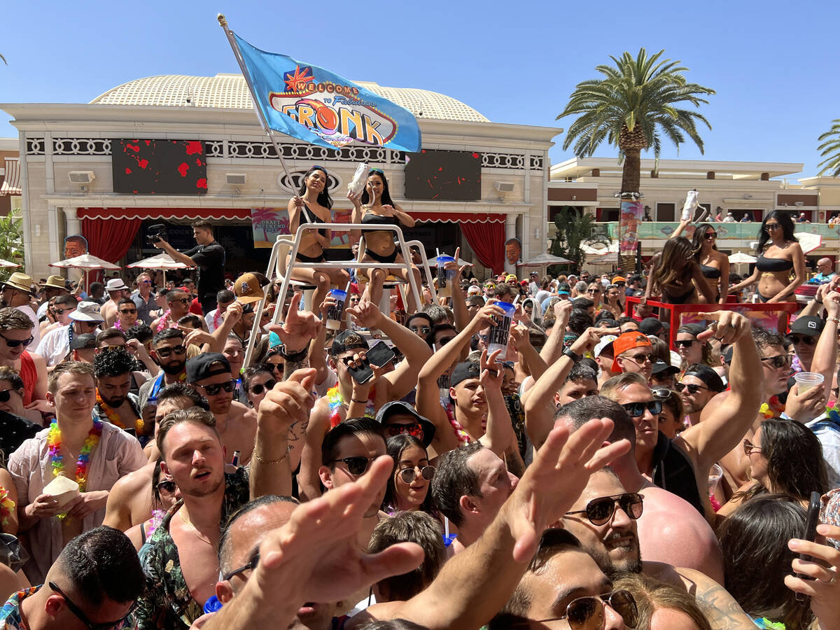People cheer for Rob Gronkowski during Gronk Beach party at Encore Beach Club on the Strip in L ...