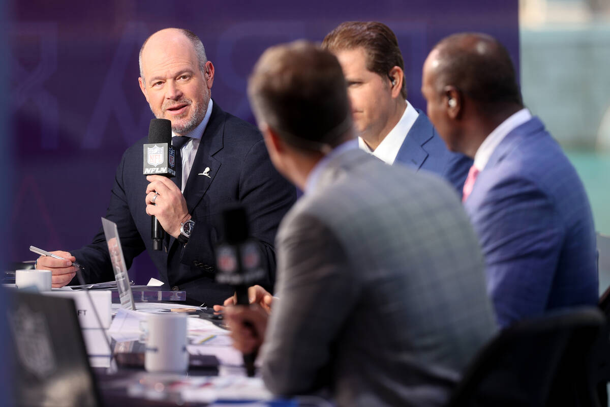 Rich Eisen of the NFL Network prepares to host the broadcast on the Bellagio fountains during t ...