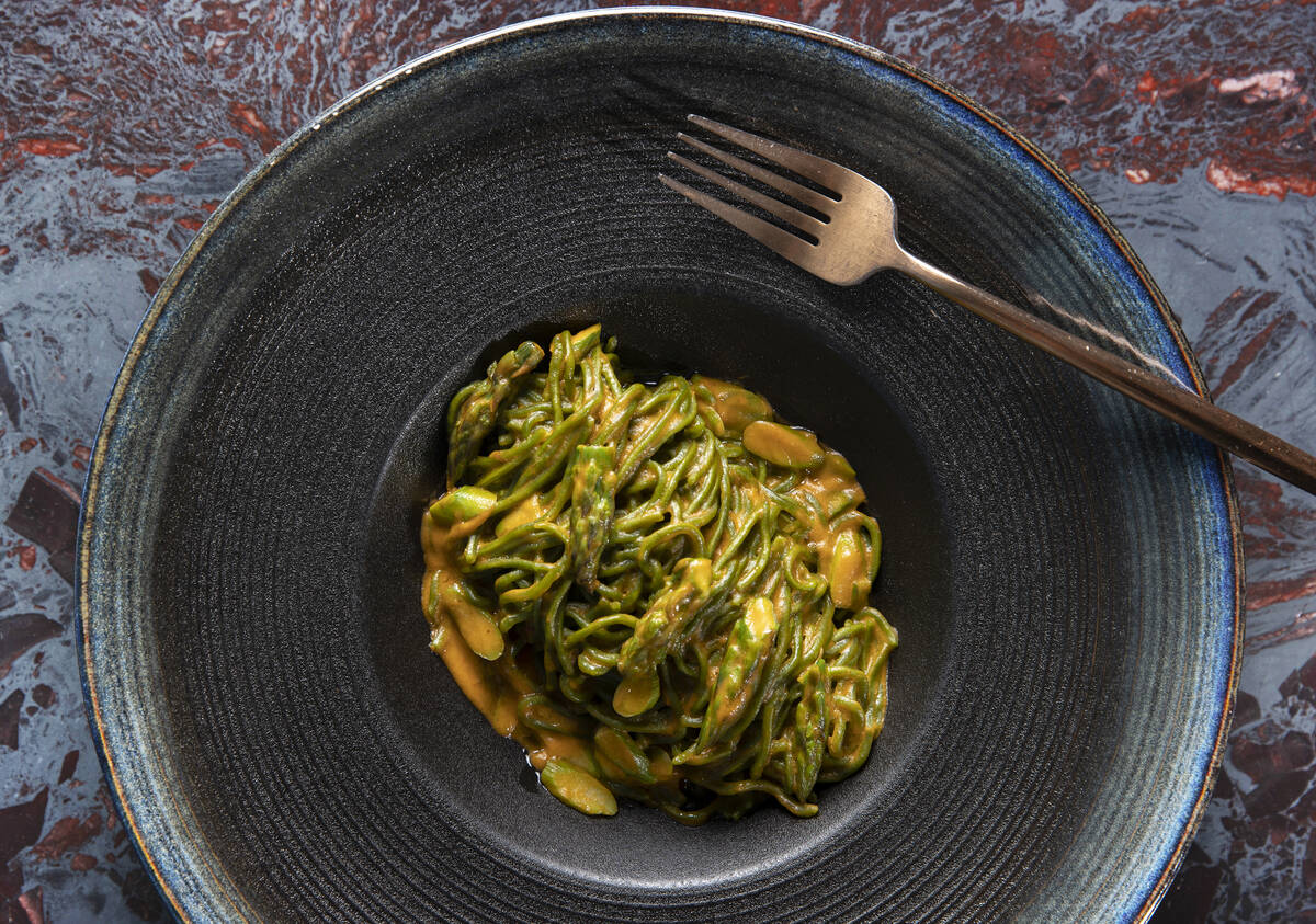 Spinach tagliarini tossed with Calabrian-style pesto sauce at Anima by Edo on Tuesday, May 3, 2 ...