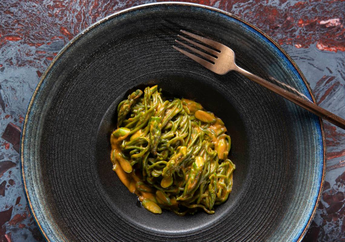 Spinach tagliarini tossed with Calabrian-style pesto sauce at Anima by Edo on Tuesday, May 3, 2 ...