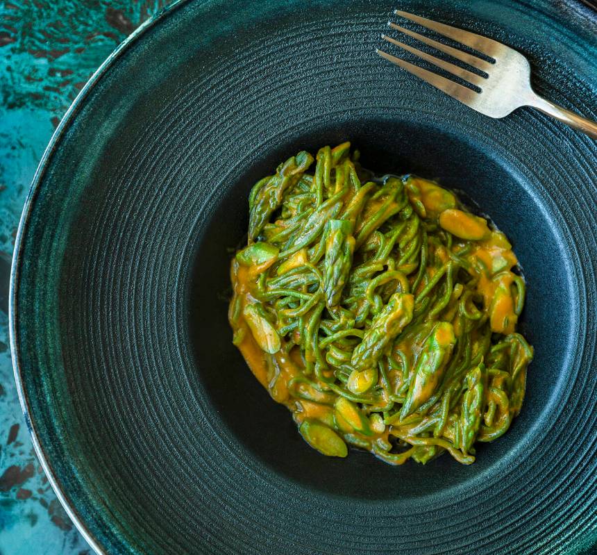 Spinach tagliarini tossed with Calabrian-style pesto sauce at Anima by Edo on Tuesday, May 3, 2 ...