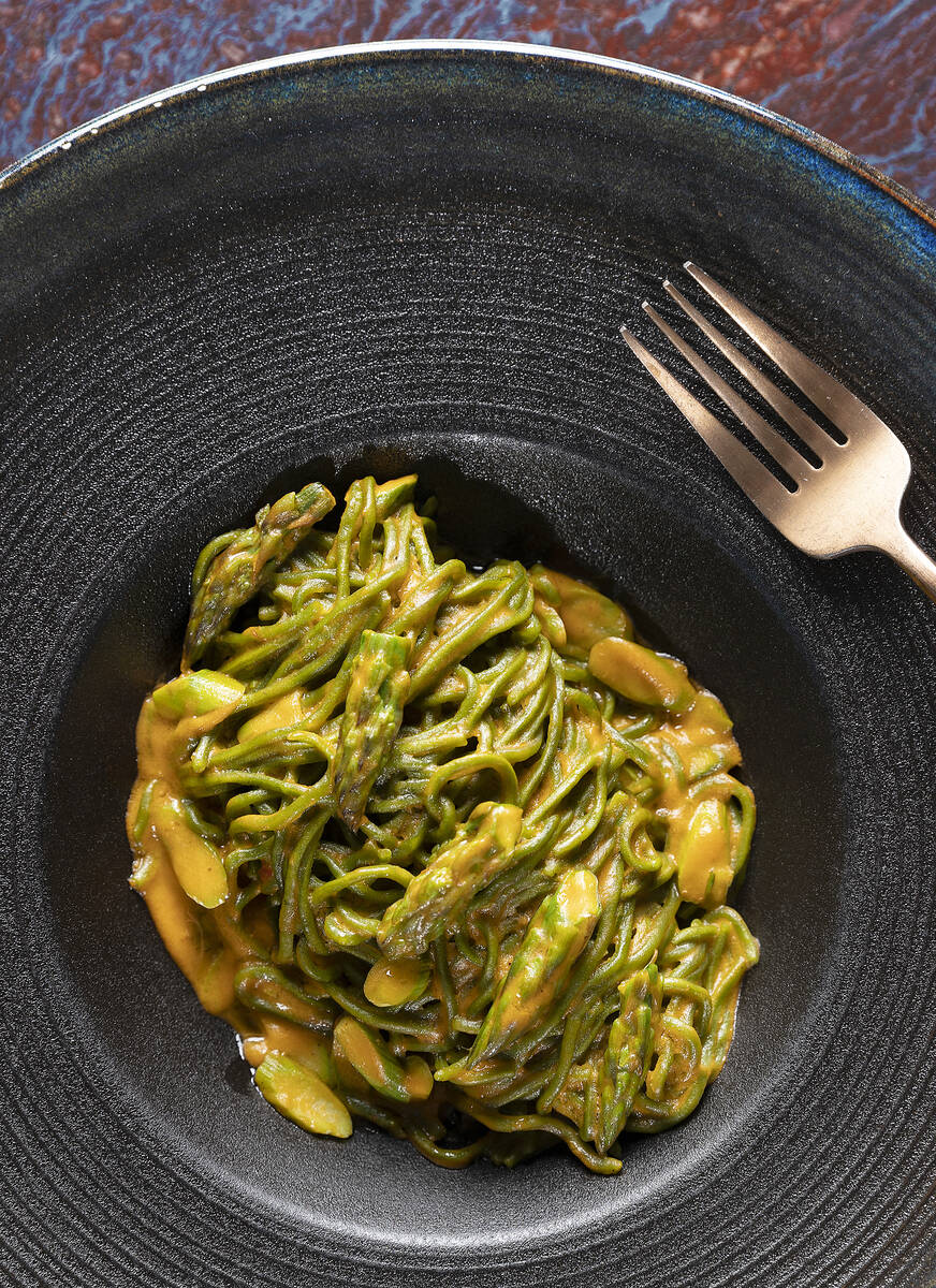 Spinach tagliarini tossed with Calabrian-style pesto sauce at Anima by Edo on Tuesday, May 3, 2 ...