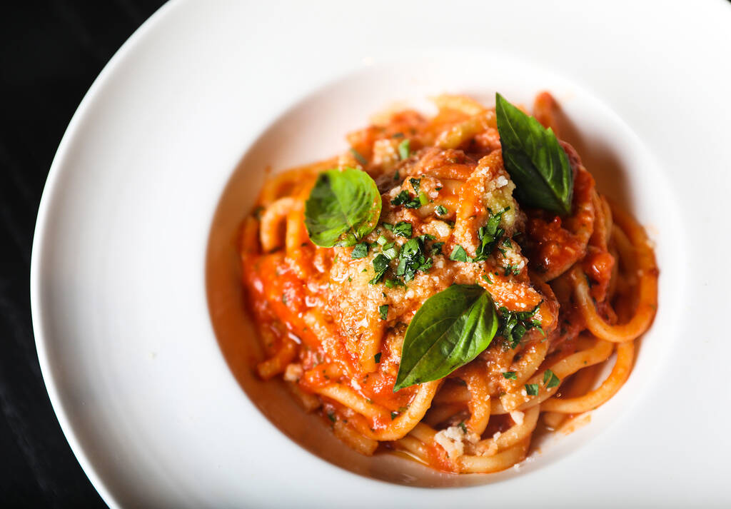 Mama DePandi’s bucatini pomodoro from RPM Italian at the Forum Shops at Caesars Palace in Las ...