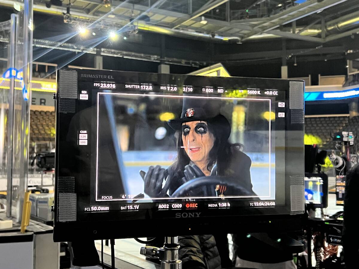 Alice Cooper is shown on video during a Zamboni ride for The Dollar Loan Center's new ad campai ...