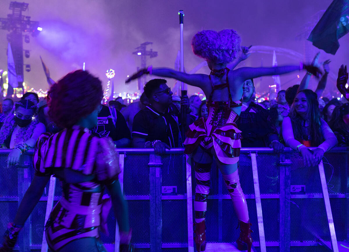 Performers join Tiesto on stage at Kinetic Field during the second day of the Electric Daisy Ca ...