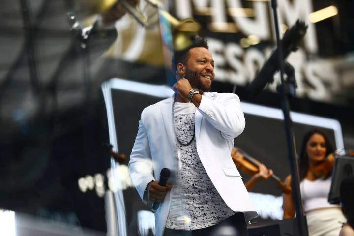 Fletch Walcott of David Perrico's Pop Strings band performs at Allegiant Stadium in Las Vegas i ...