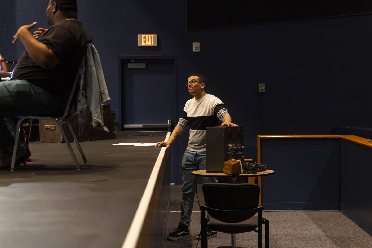 Ricky Gray Jr. performs as broadcast assistant Randy Barnes during a rehearsal of “Black ...
