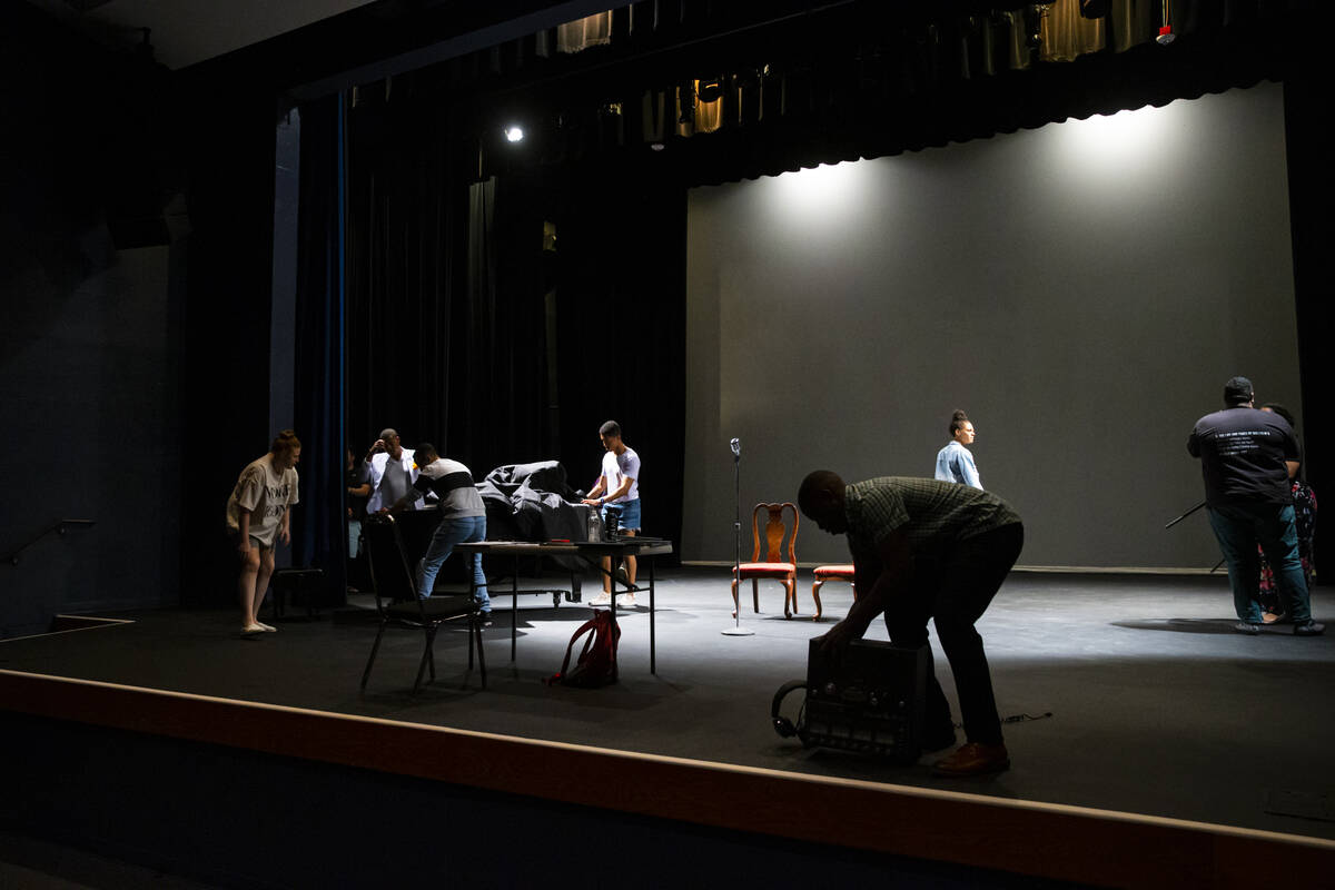 Cast members are seen during a rehearsal of “Black Swan Radio Hour” by Vegas City ...