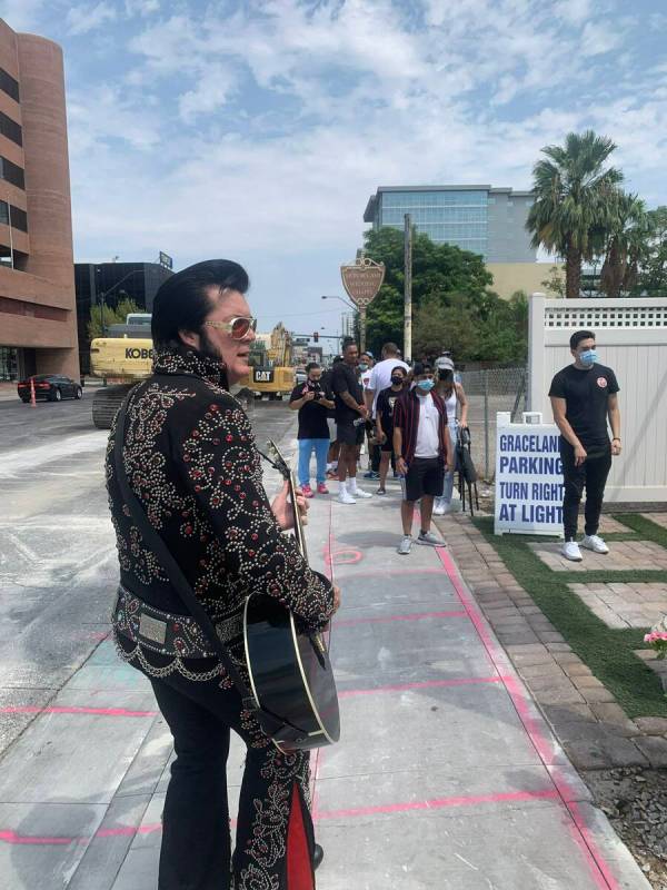 Elvis tribute artist Brendan Paul is shown during the Drake “Certified Lover Boy” pop-up ev ...