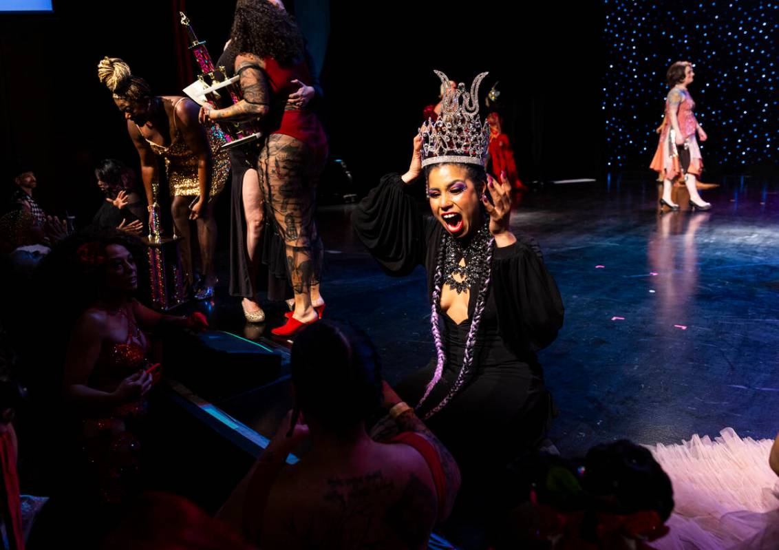 Lou Lou la Duchesse de Riere, of Mohawk Territory of Kahnawake in Quebec, Canada, left, reacts ...