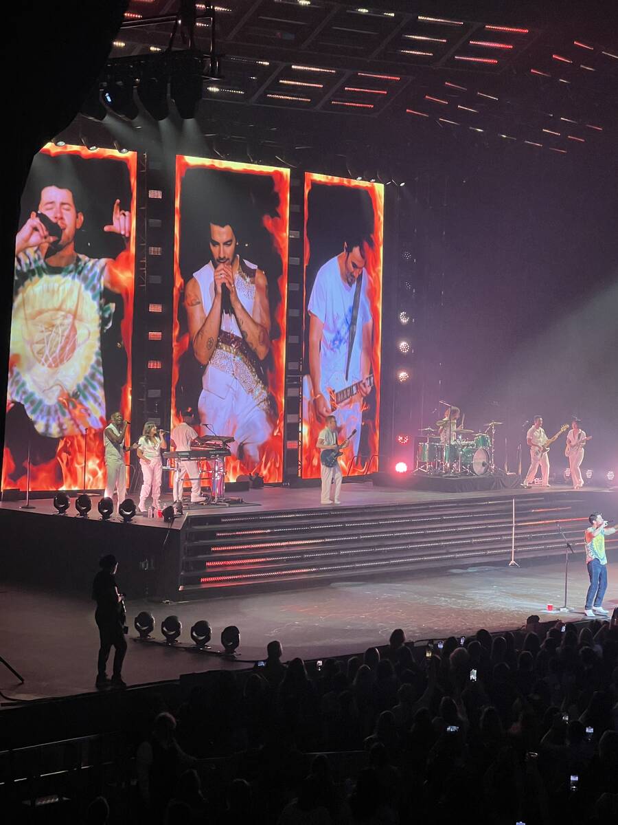 The Jonas Brothers perform at Dolby Live in the first of five shows at the Park MGM theater on ...