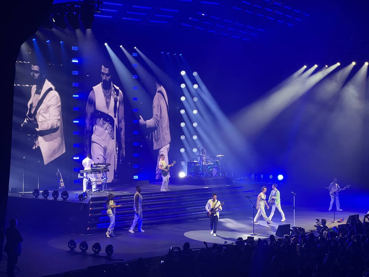The Jonas Brothers perform at Dolby Live in the first of five shows at the Park MGM theater on ...