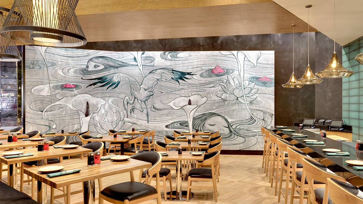 A haunting mural, threat mingled with beauty, distinguishes Send Noodles in the Palms Las Vegas ...