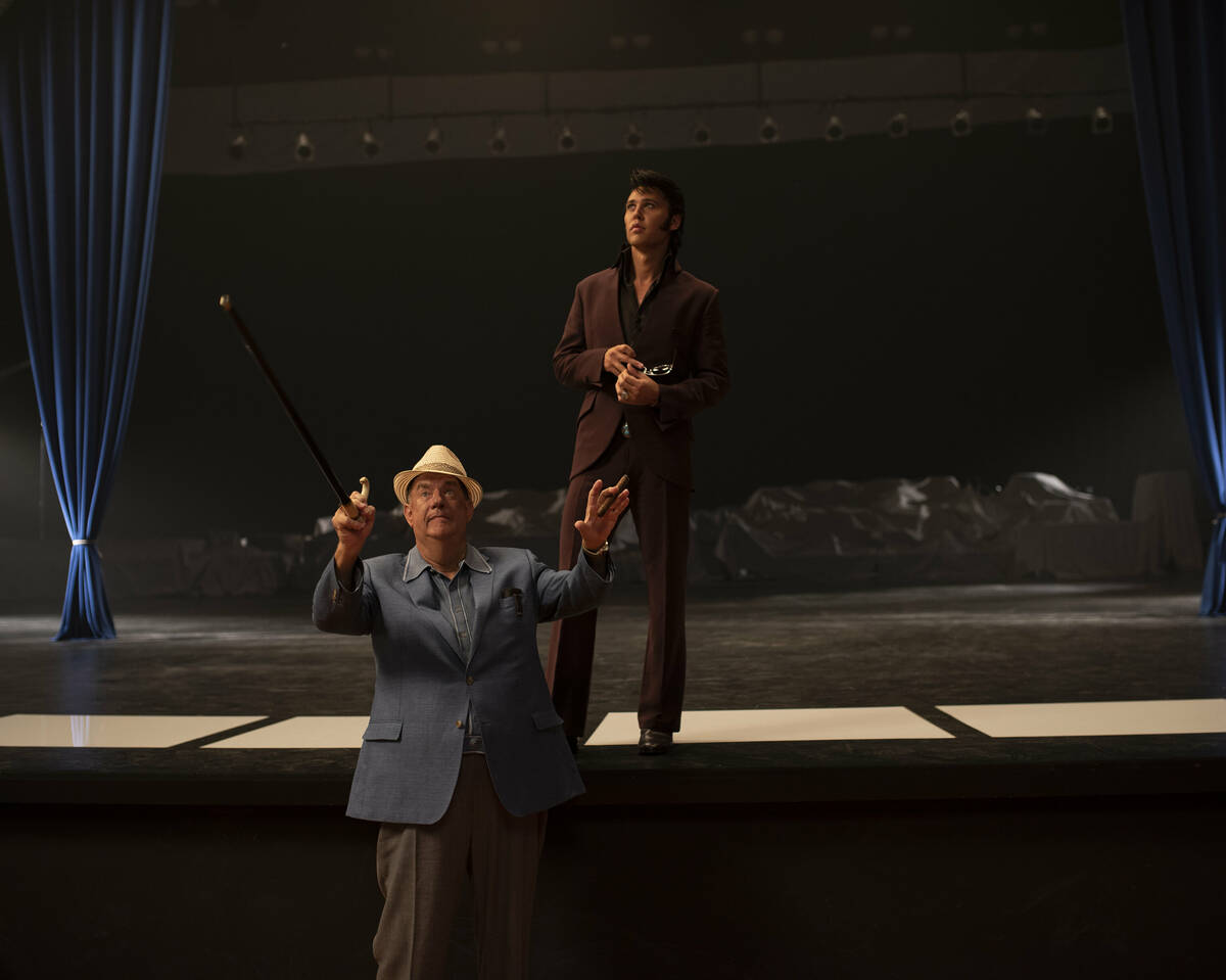 Tom Hanks, left, as Colonel Tom Parker and Austin Butler as Elvis Presley in "Elvis." (Hugh Ste ...