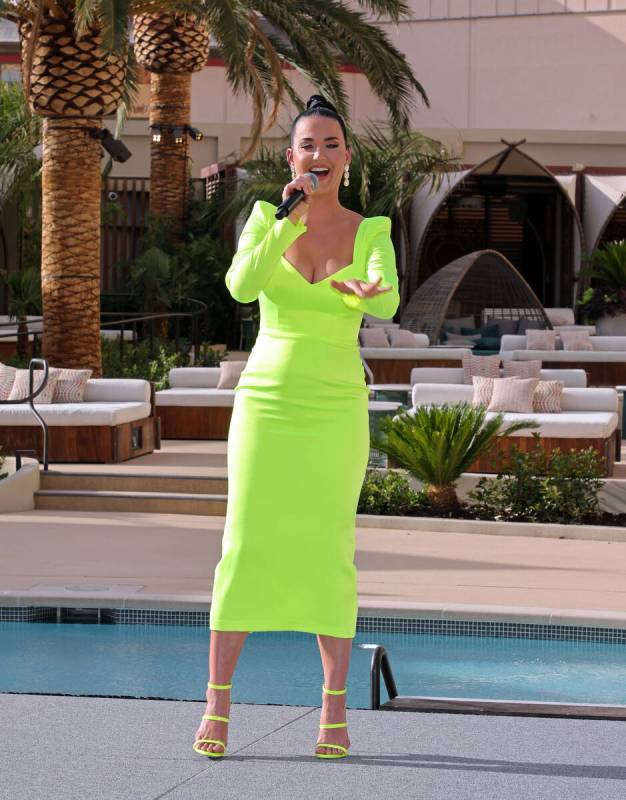 Resorts World Theatre headliner Katy Perry addresses members of the media after receiving a cer ...