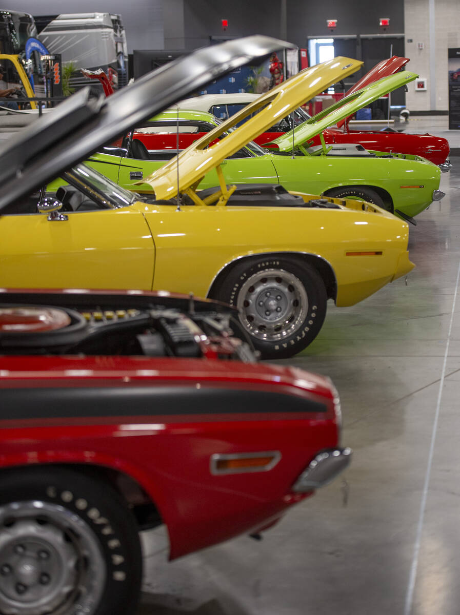 Cars line the convention hall floor for the Barrett-Jackson car auction at the Las Vegas Conven ...
