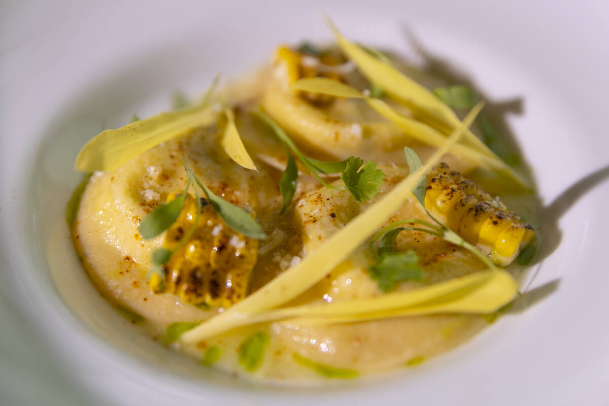 Summer yellow corn and ricotta ravioli are photographed at Rivea restaurant in the Delano Las V ...