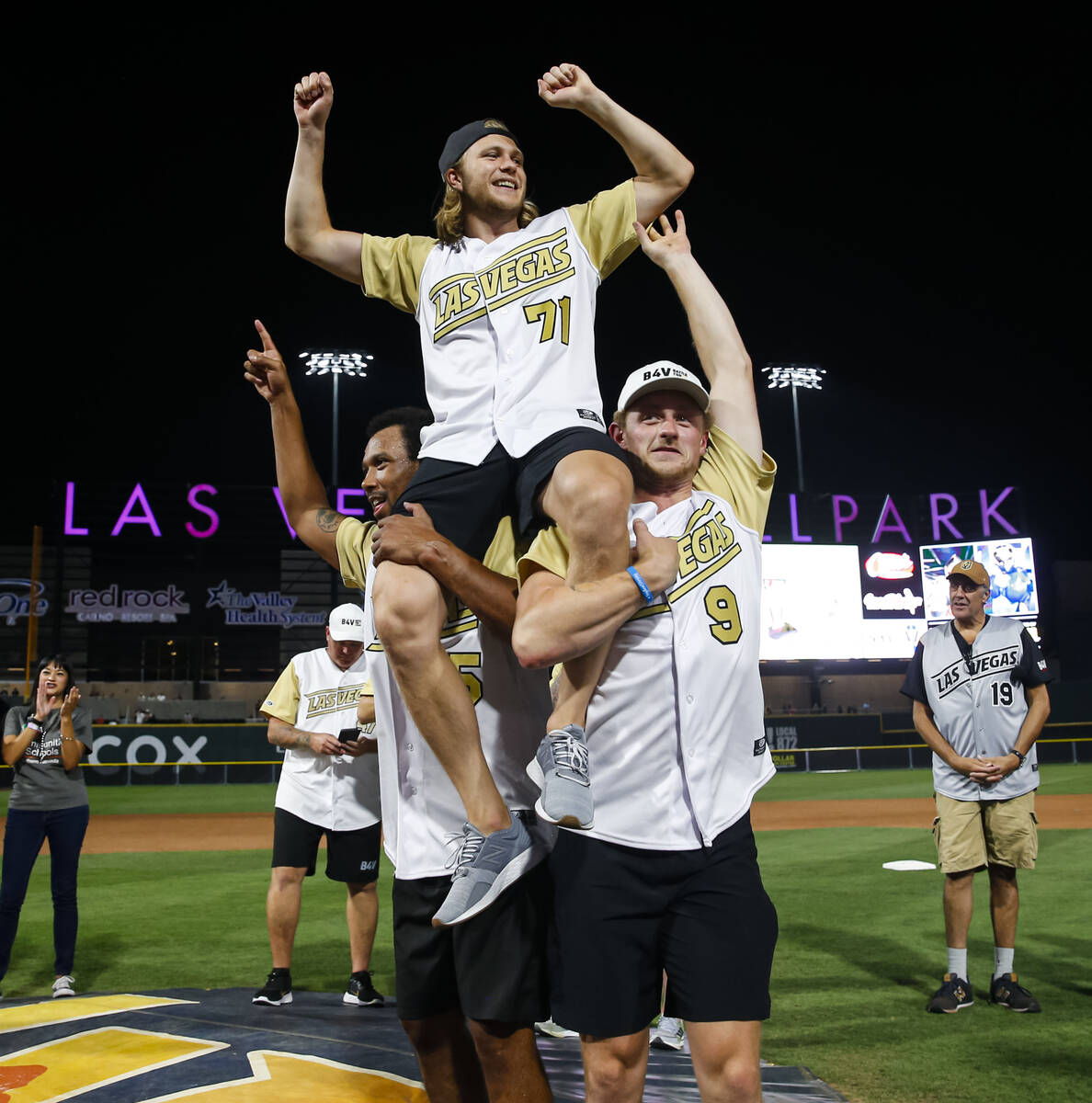 Golden Knights’ William Karlsson, who won MVP, is lifted up on the shoulders of Keegan K ...