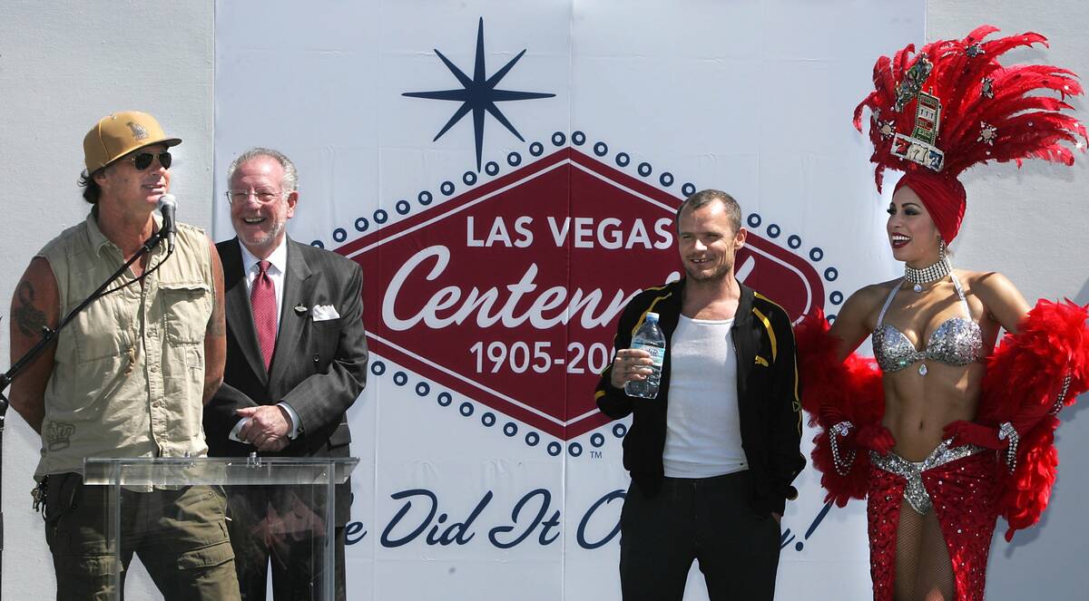Living---(L) to (R) Chad Smith of Red Hot Chili Peppers, Mayor Oscar Goodman, Flea of Red Hot C ...