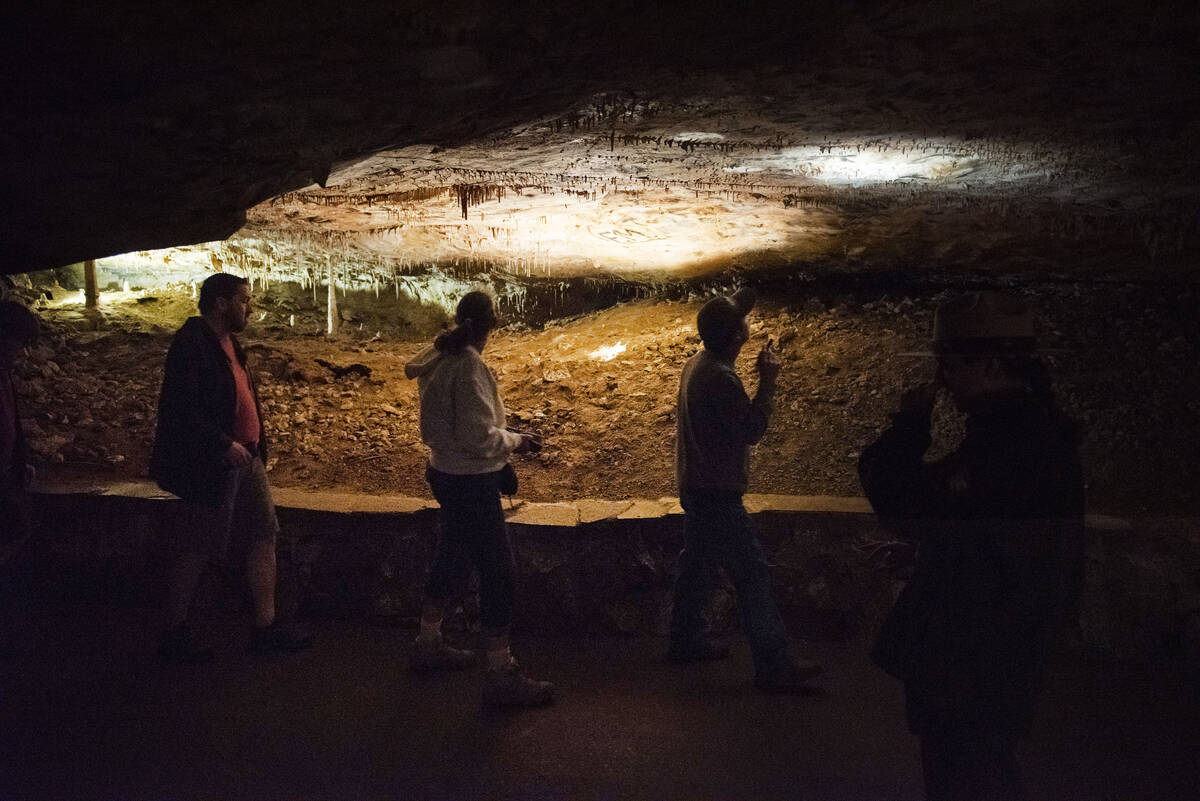 Visitors take a tour of Lehman Caves on Monday, Aug. 1, 2022, in Baker, Nev. Lehman Caves was d ...