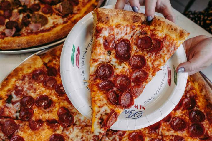 A slice of pepperoni pizza from Bonanno's New York Pizzeria, which has nine locations in Las Ve ...